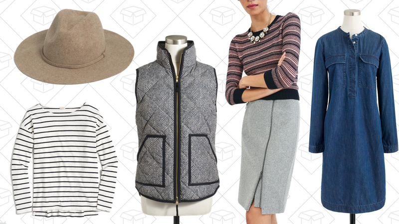 Classic Wool Fedora, $28 | Deck-Striped T-Shirt, $24 | Printed Quilted Puffer Vest, $53 | Asymmetrical Zip Pencil Skirt, $60 | Light Indigo Sundress, $56